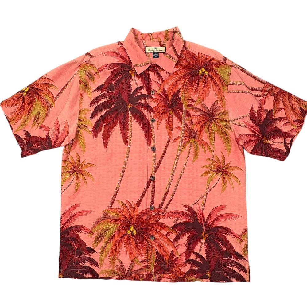Tommy Bahama 100% Silk Hawaiian Shirt Mens M Coral Pink Loop Collar Tropical
